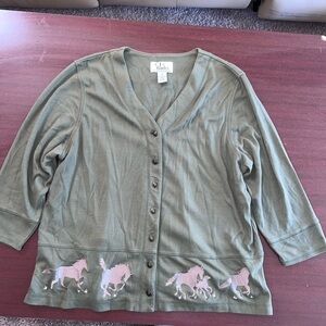 CJ Banks Horse Embroidered Cardigan – Green Button Front Sweater Women’s M
